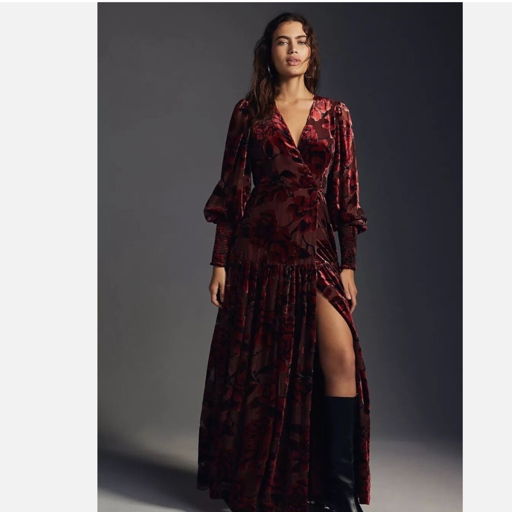 Anthropologie Burgundy Floral Velvet Maxi Dress